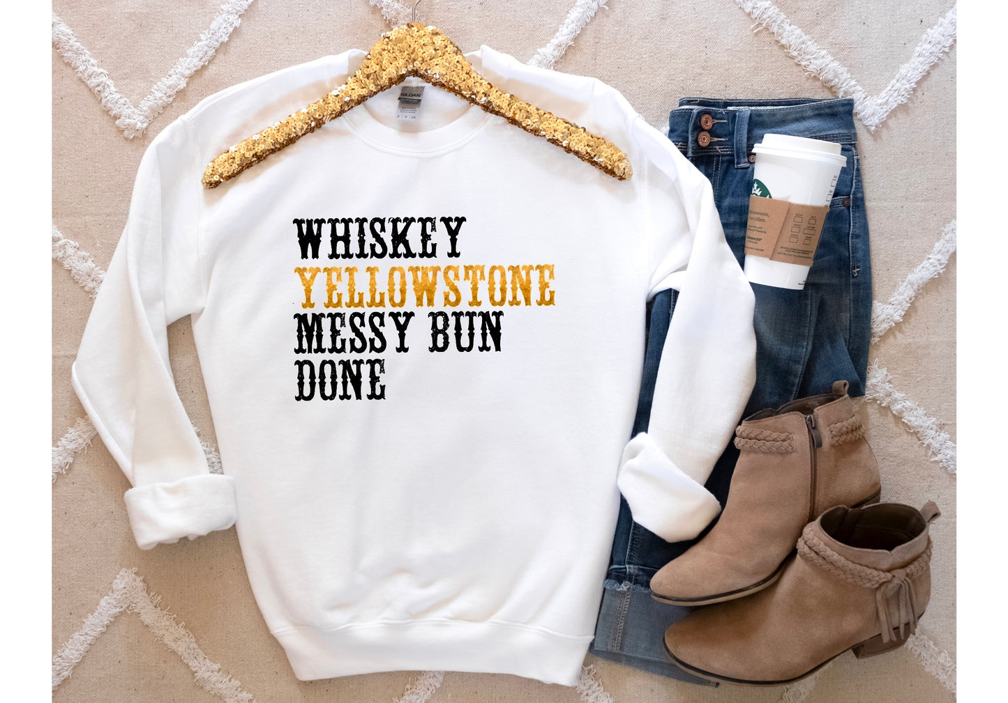 Whiskey Yellowstone Messy Bun Done Crewneck